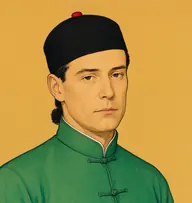 Illustrated portrait of Ah Ling: about 45, black, with a short queue, jade-green silk jacket with frog buttons