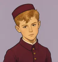 Illustrated portrait of Albert: about 14, sandy-ginger cowlick, cropped, a brass-buttoned page-boy jacket in buttoned maroon