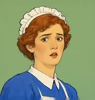Illustrated portrait of Annette: about 20, copper-auburn curls escaping a cap, a cornflower-blue maid's dress with white collar