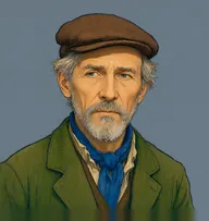 Illustrated portrait of Baker: about 64, shaggy straw-grey, a moss-green corduroy jacket with a blue neckerchief