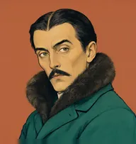 Illustrated portrait of Boris: about 40, slick black hair, centre-parted, a teal-green overcoat with an upturned astrakhan collar