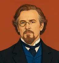 Illustrated portrait of Bower: about 50, auburn-brown, long, swept behind the ears, greying at temples, black coat with a peacock-blue waistcoat
