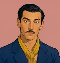 Illustrated portrait of Captain Black: about 26, black, slicked back, a navy blazer with a mustard-yellow scarf