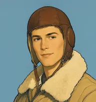 Illustrated portrait of Captain Lyall: about 24, cropped brown, mostly hidden, a sheepskin-collared flying jacket in tan