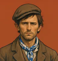 Illustrated portrait of Charles Kent: about 30, lank mouse-brown hair under a cap, frayed blue-and-white neckerchief, shabby brown jacket
