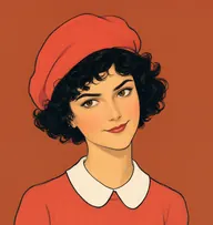 Illustrated portrait of Cinderella: about 17, black short tousled curls, coral-red cloche-era jumper with a white peter-pan collar