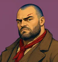 Illustrated portrait of Coggins: about 40, shaven-bald scalp with a blue-black shadow, rough brown coat with a red neckerchief