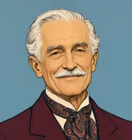 Illustrated portrait of Colonel Carter: about 65, white hair, thin and brushed back, burgundy smoking jacket-style cardigan with a paisley cravat