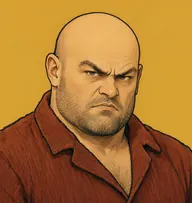 Illustrated portrait of Conrad: about 45, bald, egg-shaped head, a rough rust-red corduroy jacket with an open grubby collar