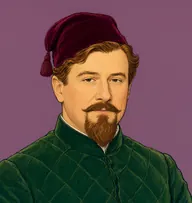 Illustrated portrait of Count Foscatini: about 55, dyed russet-brown, waved and combed back, a quilted velvet smoking jacket in bottle-green