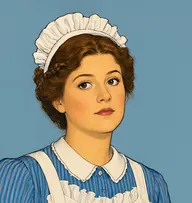 Illustrated portrait of Denise: about 30, chestnut, braided and pinned, striped blue maid's dress with a white apron straps