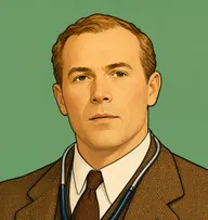 Illustrated portrait of Dr. Hawker: about 42, receding ginger-brown, a rust-brown tweed suit