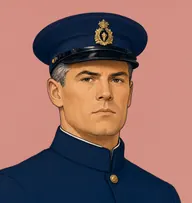 Illustrated portrait of Evans: about 37, iron-grey, short back and sides, navy uniform jacket with brass buttons