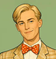 Illustrated portrait of Gerald Parker: about 34, flaxen blond, sleek centre parting, a check sports jacket in tan and cream