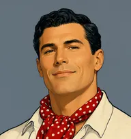 Illustrated portrait of Gregory Rolf: about 36, wavy black, slicked, a white open-neck shirt