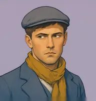 Illustrated portrait of Gregory: about 28, mousy brown, cropped, slate-blue jacket with a mustard muffler