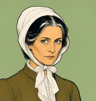 Illustrated portrait of Hannah: about 50, jet-black streaked white, severely parted, drab olive-brown dress with a white fichu