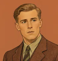 Illustrated portrait of Captain Hastings: about 35, sandy-brown, short side-parted, tweed jacket in russet brown with a mustard-yellow tie