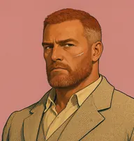 Illustrated portrait of Hector Blunt: about 48, short-cropped rust-red hair going grizzled, sand-coloured khaki-style tweed jacket
