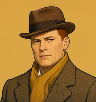 Illustrated portrait of Inspector Dymchurch: about 48, thick auburn hair, cropped short, brown tweed overcoat with a mustard scarf