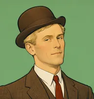 Illustrated portrait of Inspector Japp: about 52, thinning grey, combed flat, brown overcoat with a navy-blue tie