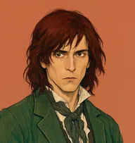 Illustrated portrait of James Reilly: about 34, dark auburn, long, unkempt, falling over the eyes, rumpled green corduroy jacket with a loose cravat