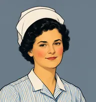 Illustrated portrait of Janet: about 35, black, crisp short curls under the cap, striped blue-and-white nurse's dress