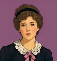 Illustrated portrait of Léonie: about 26, mousy brown, frizzy, pinned up, black maid's dress with a pink ribbon at the collar