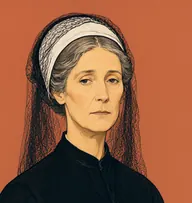 Illustrated portrait of Lady Willard: about 58, white, drawn under a widow's cap, deep black crepe mourning dress