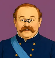 Illustrated portrait of M. Bex: about 50, thinning auburn, combed over a balding crown, navy tunic with brass buttons and a sky-blue sash