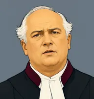 Illustrated portrait of Maître Grosíer: about 52, bald crown with a fringe of white hair, black lawyer's robe with white bands and a maroon cap-less collar