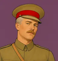 Illustrated portrait of Major Norman: about 38, cropped ash-blond, razor-short at the sides, a khaki officer's tunic with a tan Sam Browne strap