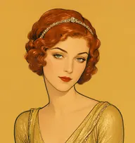 Illustrated portrait of Marguerite Laidlaw: about 28, copper-red, glossy waves, gold lamé evening dress with a cream wrap