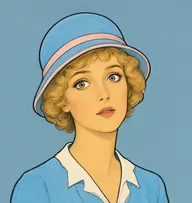 Illustrated portrait of Miss Glen: about 25, golden-blond, soft waves, sky-blue frock with a white collar