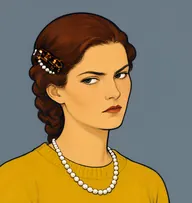 Illustrated portrait of Miss Kingston Bruce: dark auburn, long, plaited and coiled at the nape, mustard-yellow jumper with a pearl string