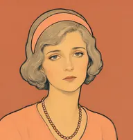 Illustrated portrait of Miss Leicester: about 32, ash-blond, loose bob, peach cardigan with a beaded necklace