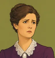 Illustrated portrait of Monica Deane: mousy brown, pinned in a bun, plum wool dress with a lace collar
