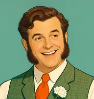 Illustrated portrait of Mr. Aarons: about 50, thick chestnut-brown, wavy, swept to one side, checked bottle-green waistcoat with a loud orange tie