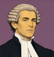 Illustrated portrait of Mr. Philips: about 52, dark brown hair streaked with grey under a horsehair barrister's wig, a black gown with a stiff winged collar and white bands