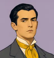 Illustrated portrait of Mr. Rennie: about 32, black, slicked, widow's peak, charcoal-grey suit with an open soft collar