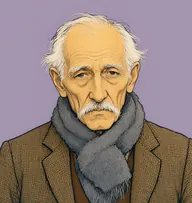 Illustrated portrait of Mr. Shaw: about 66, thin white, wispy, a brown cardigan under a tweed jacket