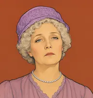 Illustrated portrait of Mrs. Ackroyd: about 55, faded fluffy silver-blonde curls, mauve chiffon blouse with a pearl choker