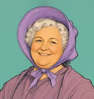 Illustrated portrait of Mrs. Baker: about 62, silvery-white, soft curls peeping from the bonnet, a mauve cotton dress with a shawl