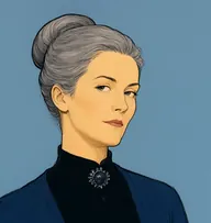 Illustrated portrait of Mrs. Honeycott: about 52, iron-grey, tight bun, black dress with a jet-grey brooch and navy cardigan