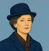 Illustrated portrait of Mrs. Middleton: about 50, grey-streaked dark brown, severe tight bun, a navy serge coat with a brown scarf