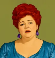Illustrated portrait of Mrs. Opalsen: about 50, henna-red, piled high and curled, a peacock-blue satin gown