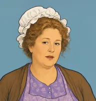 Illustrated portrait of Mrs. Pearson: about 55, faded ginger-brown, frizzy loose bun, lilac print apron-dress over a brown cardigan