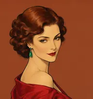 Illustrated portrait of Mrs. Vandemeyer: about 38, lustrous chestnut-auburn hair in a heavy waved coil, a crimson silk evening wrap with bare shoulders