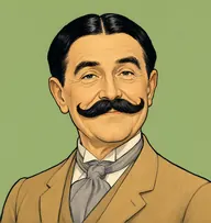 Illustrated portrait of Hercule Poirot: about 60, jet-black glossy hair, parted dead centre (dyed), dove-grey spats-era suit with a lavender silk cravat