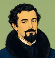 Illustrated portrait of Prince Vladiroffsky: about 48, jet-black, wavy, worn long over the collar, astrakhan-collared coat in deep navy